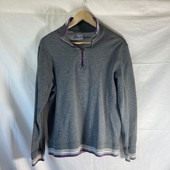 Robert Graham Grey Stripe Trim Quarter Zip Sweater Sz XL - Picture 1 of 9